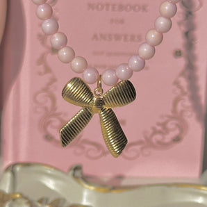 Pink Pearl Ribbon Necklace~