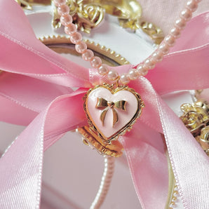 Bow heart pearl locket Necklace~