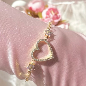 Cubic zirconia heart and flower love bracelet~