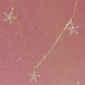 925 Sterling Silver zirconia Pink flower Necklace~