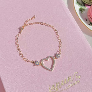 Cubic zirconia heart and flower love bracelet~