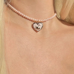 Royal swan Princess locket with pink pearl necklace~
