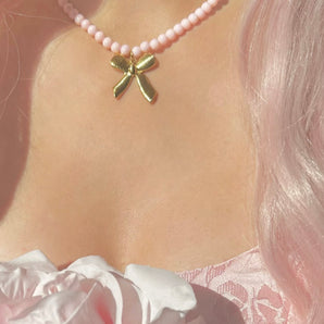 Pink Pearl Ribbon Necklace~