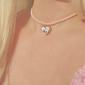 Royal swan Princess locket with pink pearl necklace~